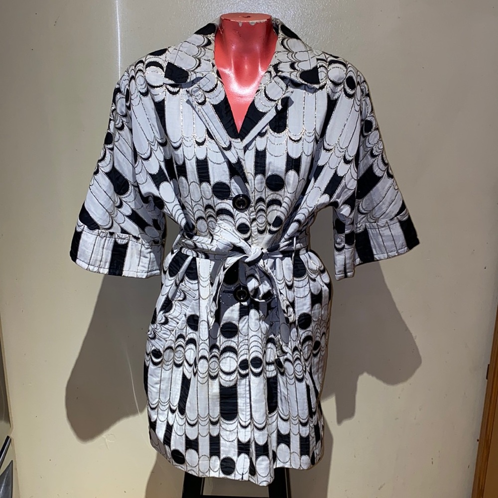 Trina Turk Black and White Geometric Belted Jacket